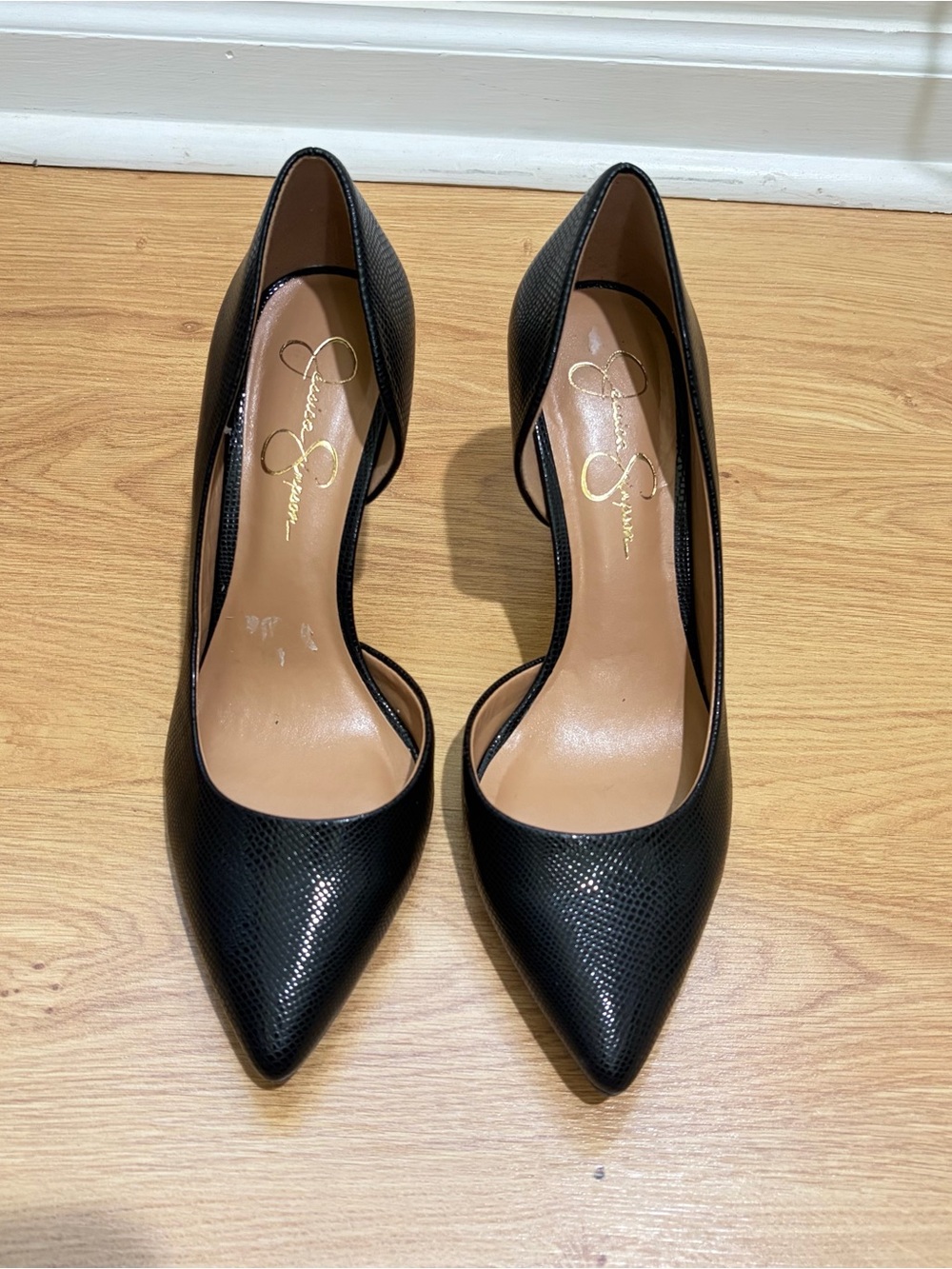 Jessica Simpson Black Faux-Snakeskin Pointed D'Orsay Heels